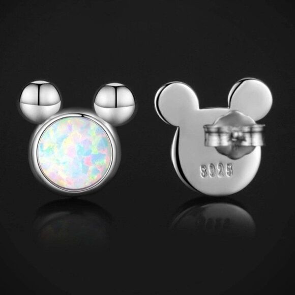 .925 Sterling Silver and White Fire Opal Mickey Mouse Post Back Stud Earrings - Picture 3 of 6